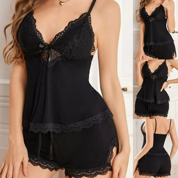 Sentmoon 2 PCS Pajamas for Women Set Shorts Lace Night Gown Sleeveless Loose Spaghetti Strap Solid Color Sleep Wear Set for Women for Christmas Morning S