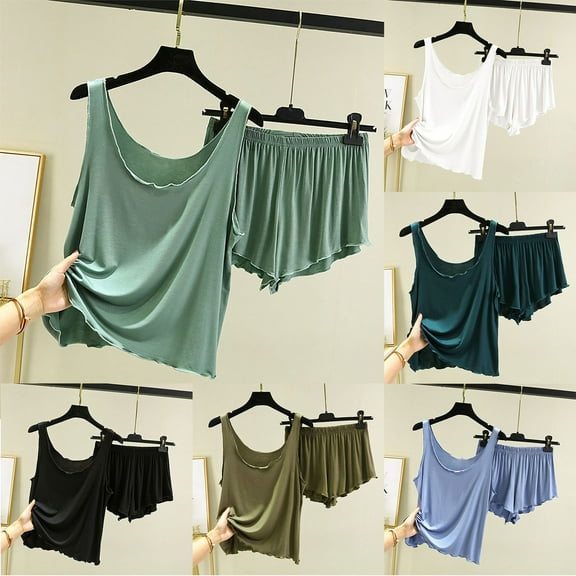 Sentmoon 2 PCS Summer Pajamas V Neck Womens Sleepwear Sleeveless Loose Breathable Solid Color Nightgowns for Women Summer Trendy for Coffee Runs White XXL