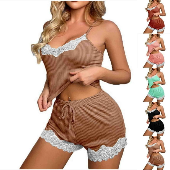 Sentmoon 2 PCS Summer Pajamas for Women Lace Womens Sleepwear Sleeveless Relaxed Stretchy Spaghetti Strap Solid Color Night Gown Stylish for Travel Green L