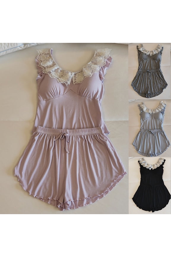 2 PCS Summer Pajamas for Women Set Lace Crew Neck Sleep Shirt Sleeveless Loose Breathable Solid Color Night Gowns Soft and Comfortable for Deep Sleep M