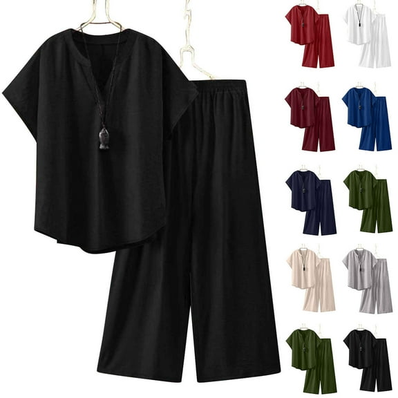 Sentmoon 2 PCS Women's Tops, Tees & Blouses and Long Pants Set Button down V Neck Linen Plus Size Summer Outfits Short Sleeve Relaxed Tunic Shirts for Women for Vacation XXXXL