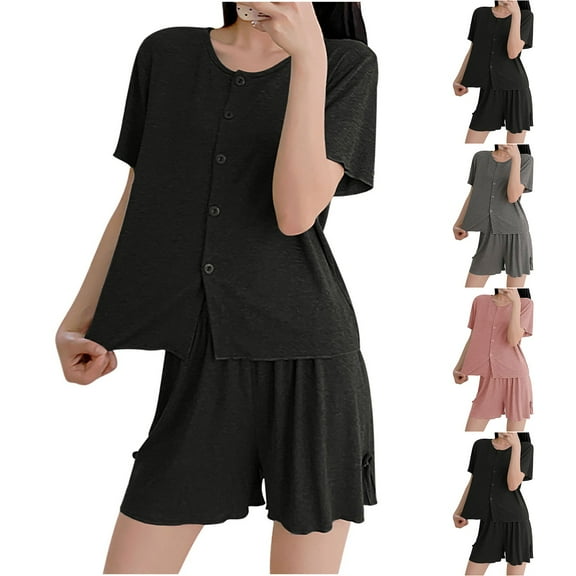 Sentmoon 2 PCS Womens Night Gowns for Sleeping Pajamas for Women Set Short Sleeve Loose Breathable Solid Color Womens Sleepwear Trendy for Casual Outings M