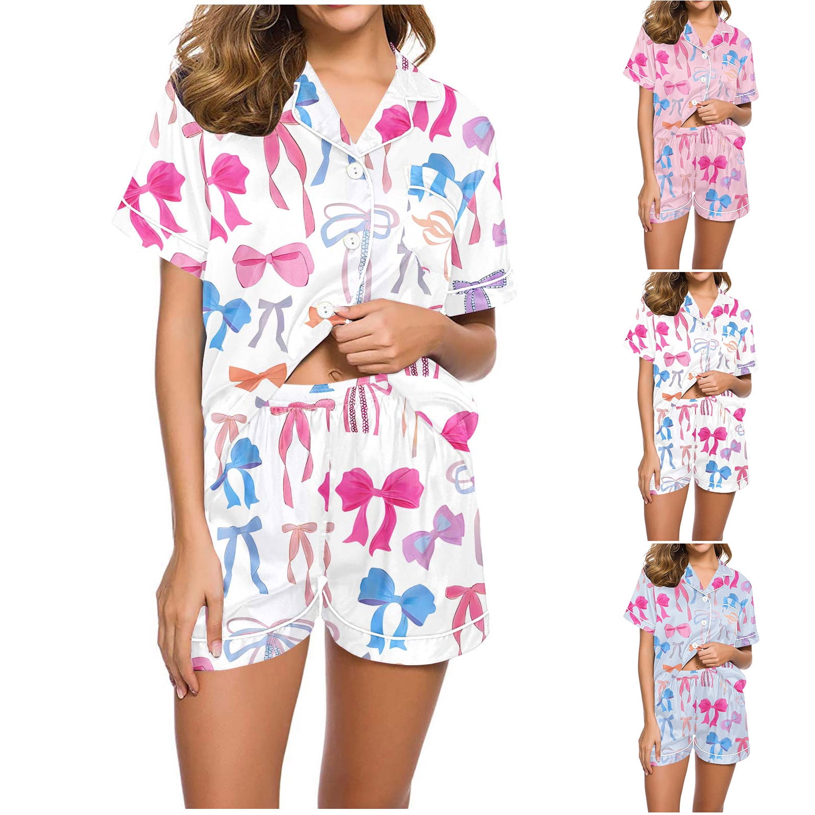 Sentmoon 2 PCS Womens Pajamas Collar Night Gown Short Sleeve Relaxed ...