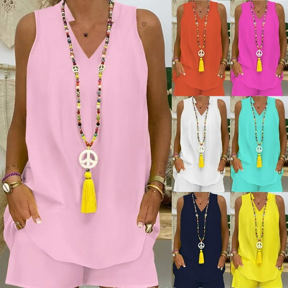 Sentmoon 2 Piece Sets for Women Summer Sleeveless Crew Neck Women's Summer Tops High Waist Pants with Pockets Relaxed Solid Color Summer Shirts Beach for Beach Watermelon Red L