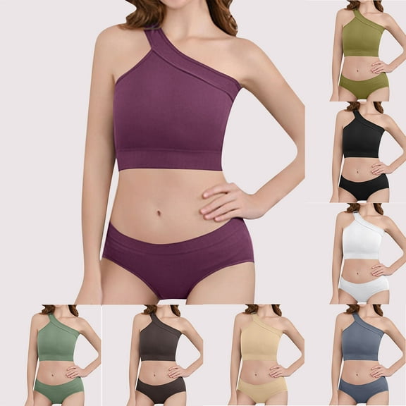 Sentmoon 2 Pieces Bras for Women Wirefree and Stretchy Panties Push up One Shoulder Sleep Bralettes Floral Lace Comfortable Solid Color Seamless Bras for Beach Vacation Beige Free Size