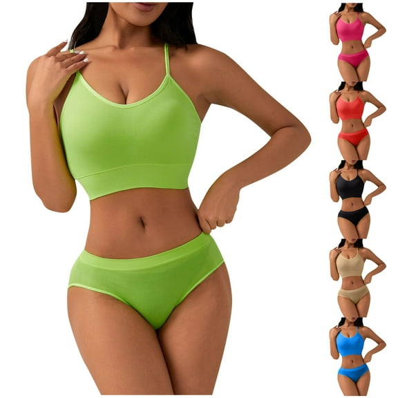 Sentmoon 2 Pieces Women Sports Bras and Stretchy Panties Seamless Push up Womens Bras No Underwires Floral Lace Comfortable Solid Color T Shirt Bra Comfy for Beach Vacation Green S