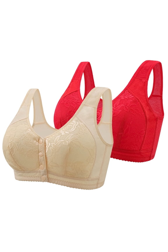 2PC Bras for Women Wirefree Oversize No Underwire Bras for Older Women Breathable Front Closure with Snaps Floral Lace Embroidery Seamless Push up Bra Womens for Dating Outfits Red 40/90