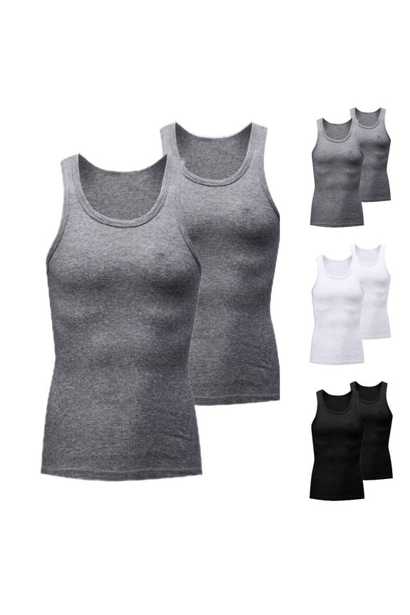 2PCS Mens Tank Tops Workout Summer Sleeveless Crew Neck Undershirts for Men Pack Solid Color Slim Fit Plus Size Muscle Men Tshirt Holiday for Summer Beach Days Gray M