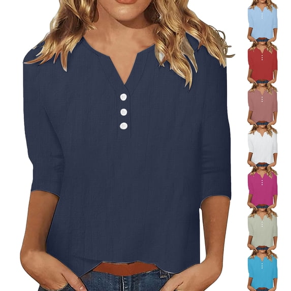 Sentmoon 3/4 Length Sleeve Womens Tops Summer V Neck Loose Linen Oversized Tshirts for Women with Button Women Blouses Casual for Business Travel Sky S