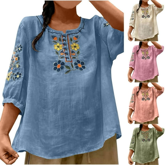 Sentmoon 3/4 Sleeve T Shirts for Women Summer Crew Neck Loose Linen Spring Outfits for Women 2025 Breathable Beach Shirts Comfy for Beach Beige XXXL