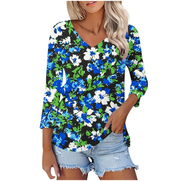 Sentmoon 3/4 Sleeve Tops for Women Oversized V Neck Beach Shirts Floral Print Relaxed Blouses for Women Dressy Casual 2025 Summer Trendy for Tropical Vacation XL