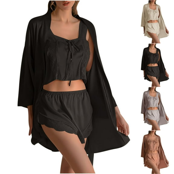 Sentmoon 3 PCS Loungewear Sets Woman Lace Womens Pjs Sets Sleeveless Relaxed Spaghetti Strap Solid Color Women Sleepwear Soft and Comfortable for Vacation L