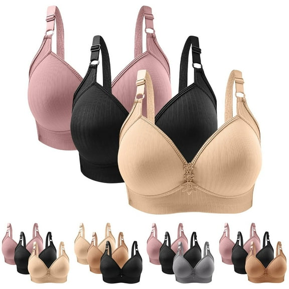 Sentmoon 3 Pieces Bras for Women Sports Bras Lift No Underwires Adjustable Strap Stretchy Underwear Solid Color Sleep Bras Stylish for Beach Beige 40/90