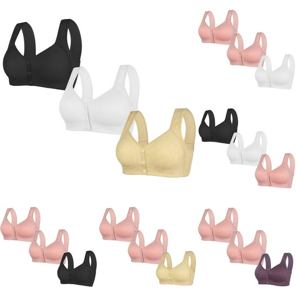 Sentmoon 3 Pieces Front Closure Bras for Women Plus Size Womens Bras Lift No Underwires Wide Strap Side Support Solid Color Push Up Bra Stylish for School Beige L