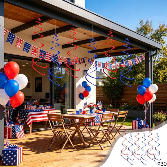 Sentmoon 30-Pack Red And Blue Hanging Swirl Ceiling Streamers Patriotic Party Decorations For 4th Of July Independence Day Festive Ceiling Garland Event Supplies