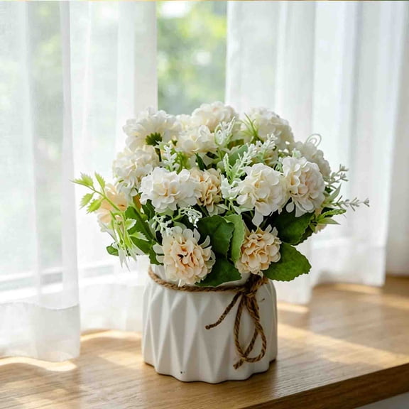 Sentmoon Artificial Silk Flower Ball In Small Ceramic Vase Real-Touch Mixed Floral Arrangement Decorative Tabletop Centerpiece for Home Office Wedding Event Rustic Chic