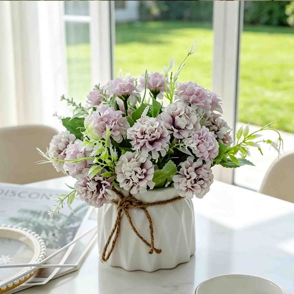 Sentmoon Artificial Silk Flower Ball In Small Ceramic Vase Real-Touch Mixed Floral Arrangement Decorative Tabletop Centerpiece for Home Office Wedding Event Rustic Chic