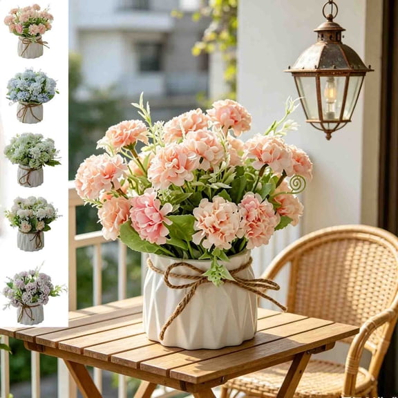 Sentmoon Artificial Silk Flower Ball In Small Ceramic Vase Real-Touch Mixed Floral Arrangement Decorative Tabletop Centerpiece for Home Office Wedding Event Rustic Chic