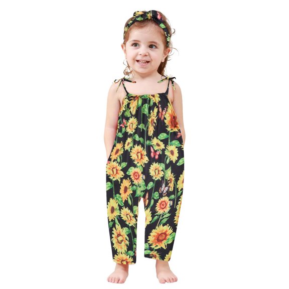 Sentmoon Baby Girl Outfits Strappy Pockets Print Toddler Girls Romper Athletic-Fit Comfy Plus Size Lounge Toddler Clothes for Girls Yellow 2-13 T