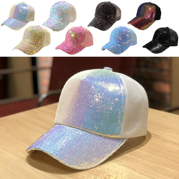 Viflosae Baseball Hats for Men Glitter Sequin Baseball Cap Hat Adjustable Mesh Caps Baseball Breathable Sun Hat Travel Baseball Cap and Peaked Cap for Party Hat for Women