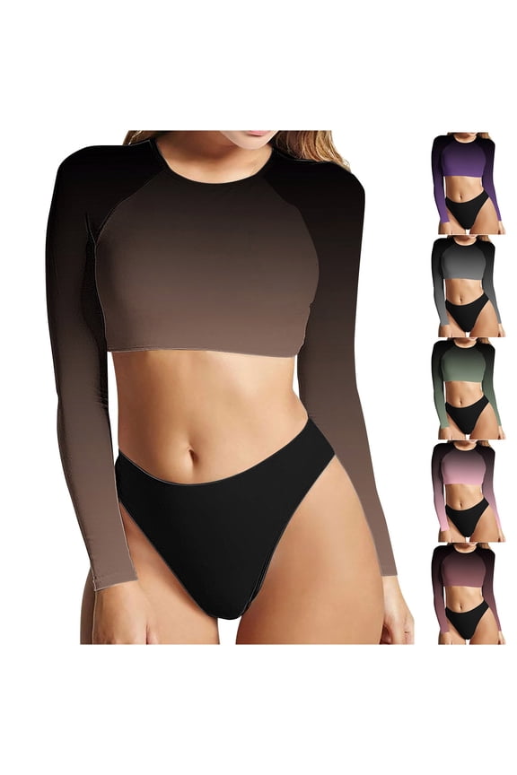 Bathing Suit for Women Long Sleeve High Cut Swimwear Tummy Control Push Up with Print Oversized Crew Neck Woman Swimsuit Summer Beach Necessities for Lap Swimming and Training