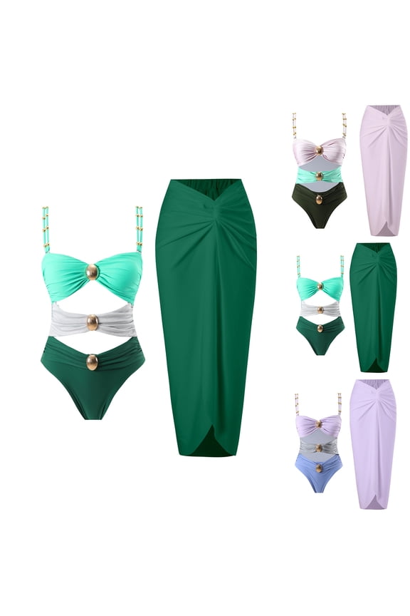 Bathing Suits Women Oversized Sleeveless Bathing Suit Coverup Women's Color Block Metal Buckle Adjustable Spaghetti Straps Backless Bikinis Sets Casual for Maternity & Nursing XL