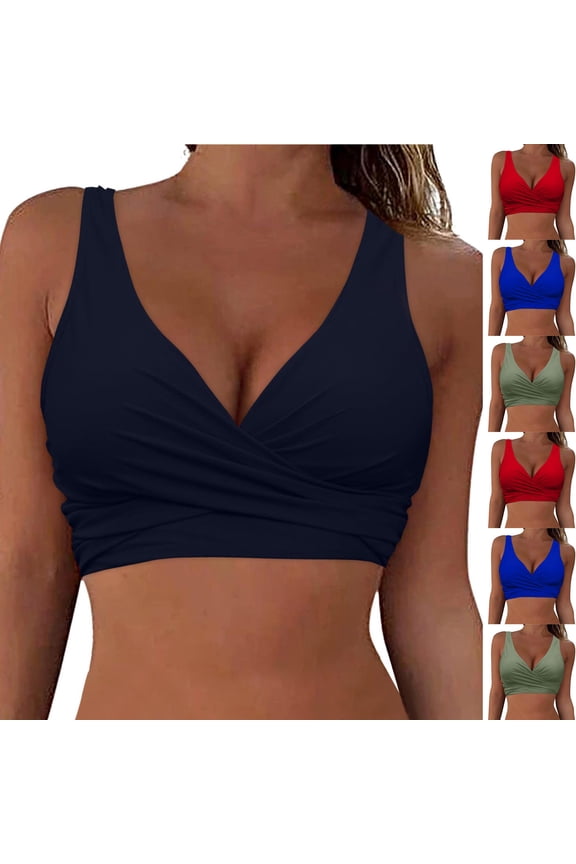 Bikini Tops for Women Large Bust Curvy Bathing Suit Women Wireless Tummy Control Push Up Solid Color Plus Size Spaghetti Strap Swimsuit for Women Summer Holiday