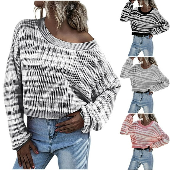 Sentmoon Blouses for Women Crew Neck Long Sleeve Striped Womens Fall Clothing Plus Size Knitted Breathable Loose Womens Basic Tops Comfy Fall and Winter for Business Casual Gray M