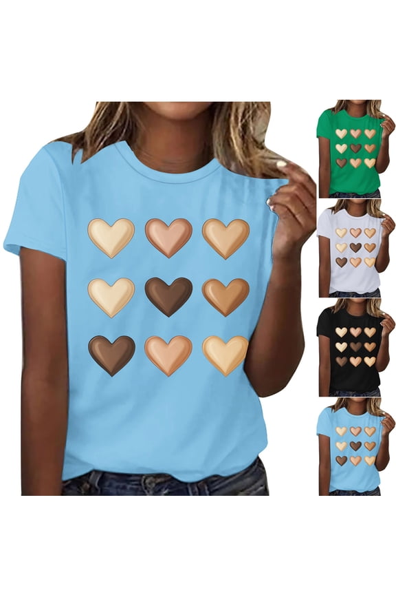 Blouses for Women Womens Top Ladies' Fashion Casual Lover Printed Crew Neck Short Sleeved Shirt Active for Working Out & Gym S