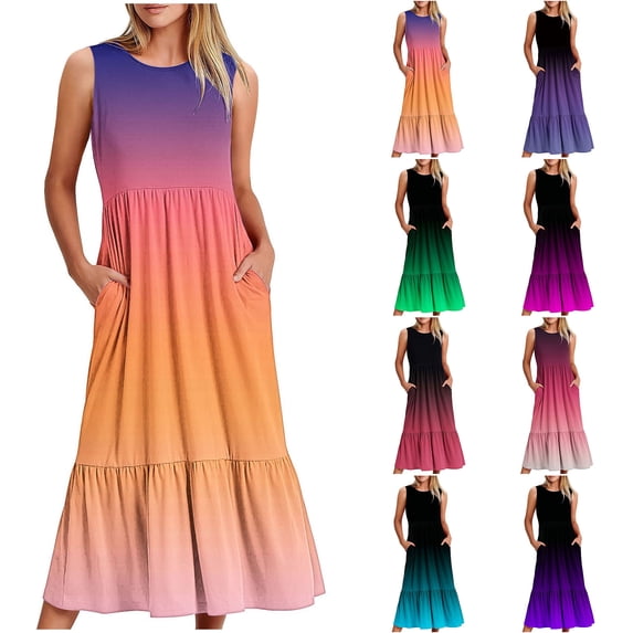 Sentmoon Bohemian Dress Trendy Sleeveless Crew Neck Beach Wedding Guest Dress 2026 Summer Gradient Color with Pockets Regular Fit Homecoming Dress Light Blue XXL