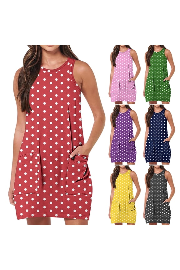 Boho Dresses Regular Fit Sleeveless Crew Neck 2026 Summer Interview Dress with Print with Pockets Sun Dresses for Women Comfy for Daily and Commute M