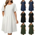 thumbnail image 1 of Sentmoon Boho Maxi Dress Crew Neck Short Sleeve Plus Size Dress Pants for Women Solid Color Relaxed Fit Summer Womens Linen Dress Fashion Beach Stuff for Travel and Outdoor White S, 1 of 10