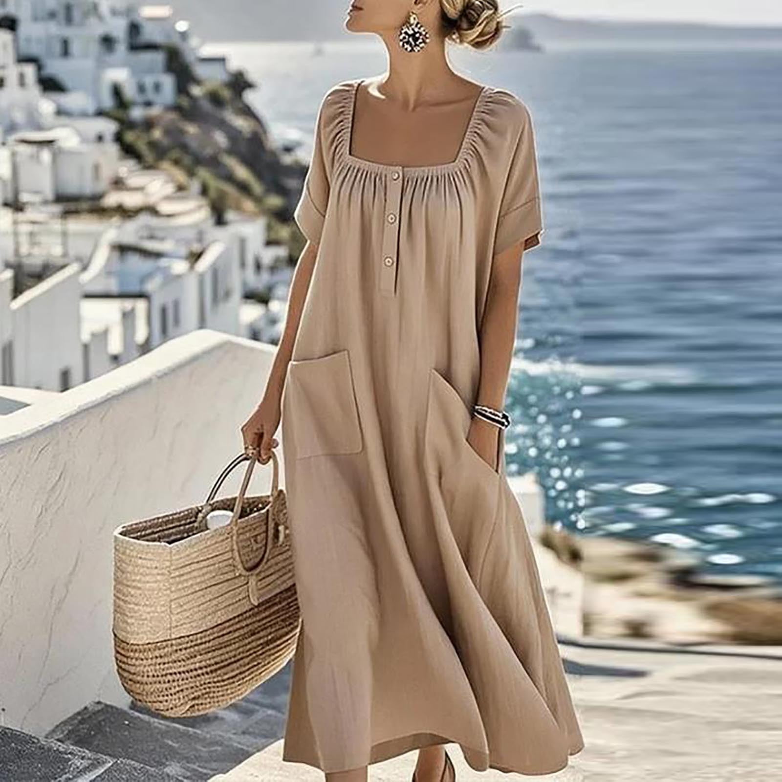 Sentmoon Boho Maxi Dress Sundresses for Women 2026 Summer Short Sleeve Square Neck Regular Fit Dress for Women with Pockets for All Seasons and Occasions S-3XL