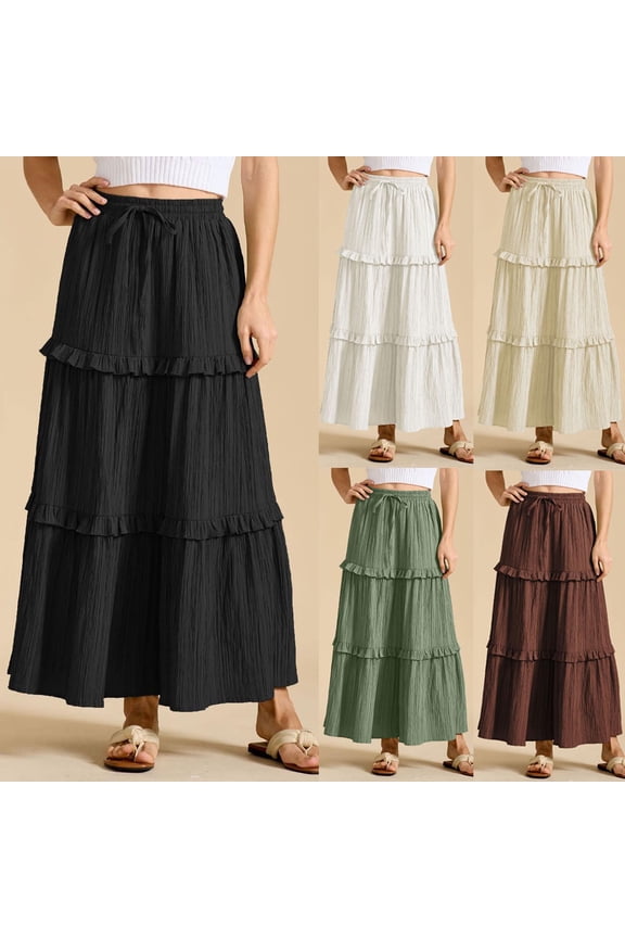 Boho Skirts for Women Plus Size Drawstring Elastic High Waist Boho Skirt for Women Flowy Pleated Solid Color Loose Breathable Long Skirts for Women Trendy for Christmas Dinner Beige S