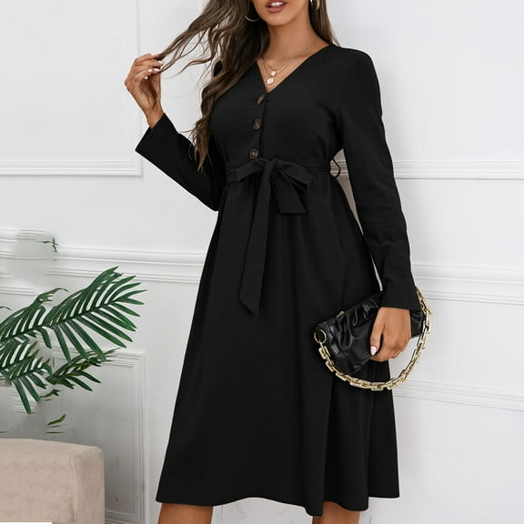 Sentmoon Bow Black Dresses for Women Long Sleeve V Neck Holiday Dresses for Women Casual Fitted Waist Short Dresses,Fit & Flare Workout Womens Fashion Black L