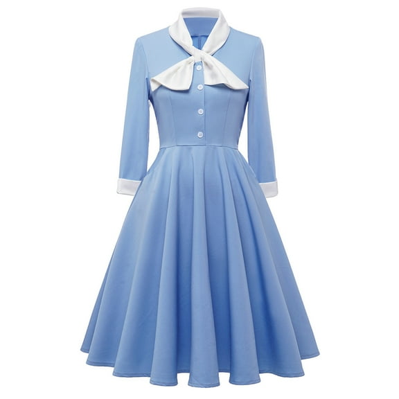 Sentmoon Bow Womens Dresses 3/4 Sleeve Lapel Holiday Dresses for Women Vintage Fitted Waist Solid Color Midi Dresses,Loose Flowy Workout A-line Dresses Light blue XXL