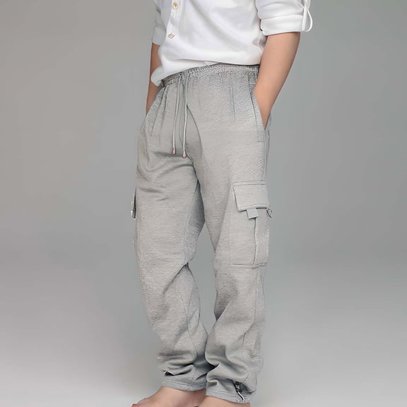Sentmoon Boys' Cargo Pants with Elastic Waist Adjustable Drawstring Loose Fit Wide Leg Trousers Multi-pocket Sweatpants for Sports Practice And Everyday Wear Gray