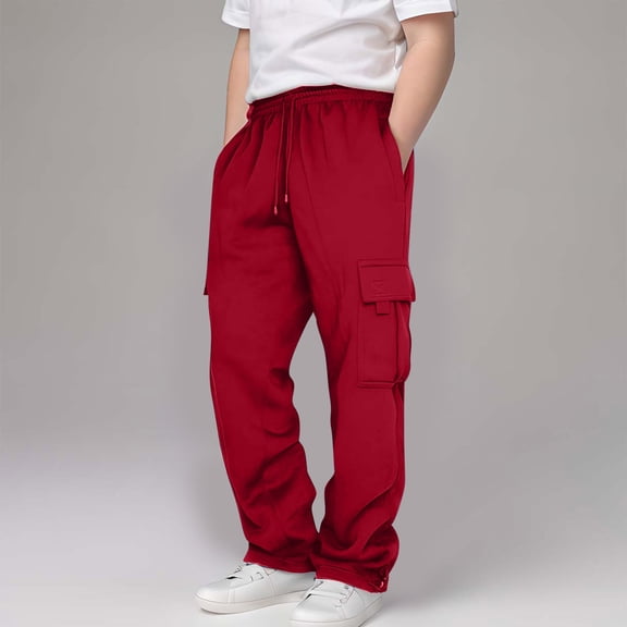 Sentmoon Boys' Cargo Pants with Elastic Waist Adjustable Drawstring Loose Fit Wide Leg Trousers Multi-pocket Sweatpants for Sports Practice And Everyday Wear Red