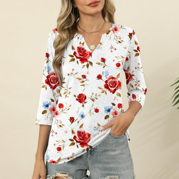 Sentmoon Brunch Outfits for Women 3/4 Length Sleeve Oversized V Neck Stretchy Ladies Tops Floral Print Relaxed Tees 2025 Summer Lightweight for Lounge at Home White M