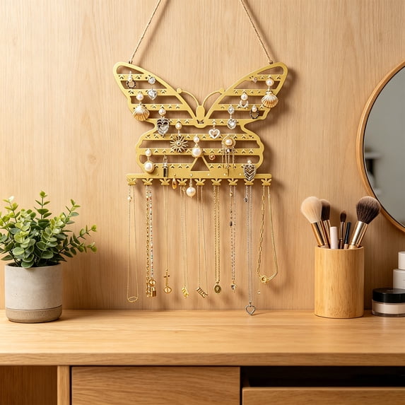Sentmoon Butterflies Shaped Wall Mounted Jewelry Organizer Metal Decorative Jewelry Display Rack with Hooks and Perch for Necklaces Earrings Bracelets Vanity Storage Home Decor