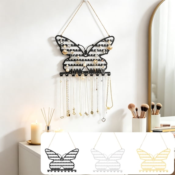 Sentmoon Butterflies Shaped Wall Mounted Jewelry Organizer Metal Decorative Jewelry Display Rack with Hooks and Perch for Necklaces Earrings Bracelets Vanity Storage Home Decor