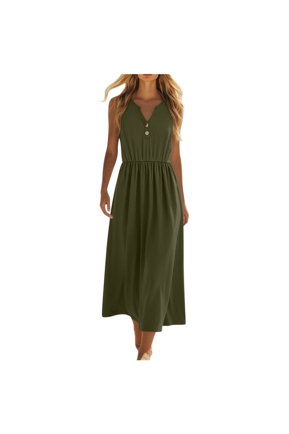 Button down Dress Regular Fit Spring Wedding Guest Dresses for Women 2026 Summer Solid Color Sleeveless V Neck Pleated Above Knee Dress for Date Night and Dinner S-XXL