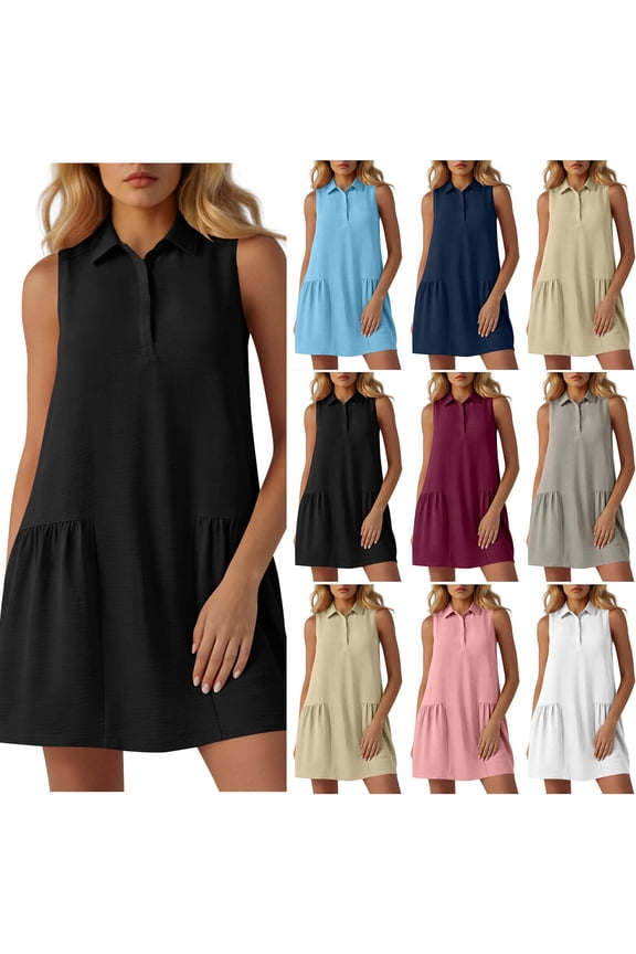 Button Front Dress Women Boho Summer Dress 2026 Solid Color Sleeveless V Neck Breathable Regular Fit Spring Dress with Pockets Basic for Beach and Vacation S-2XL