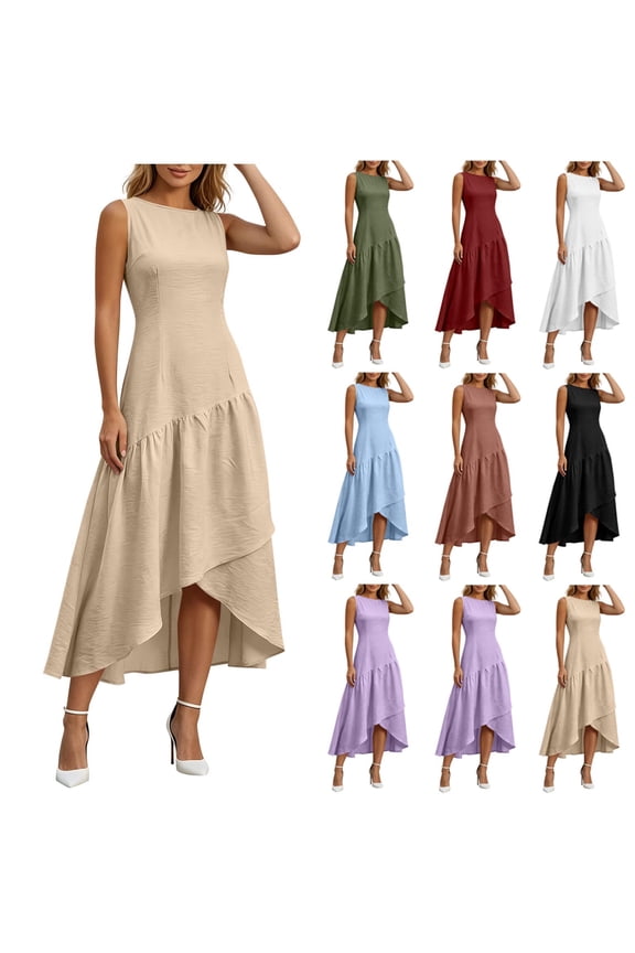Button Front Dress Women Breathable Loose Fit Tunic Dress 2026 Solid Color Sleeveless Crew Neck with Zipper Pleated Women's Summer Dresses for Night Out and Club S-XXL