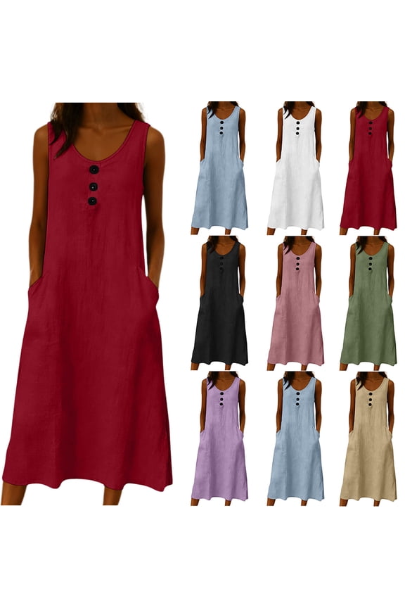Button Front Dress Women Dinner Dress 2026 Summer Solid Color Sleeveless Crew Neck Breathable Regular Fit Dress for Women with Pockets Basic for Daily and Commute S-2XL