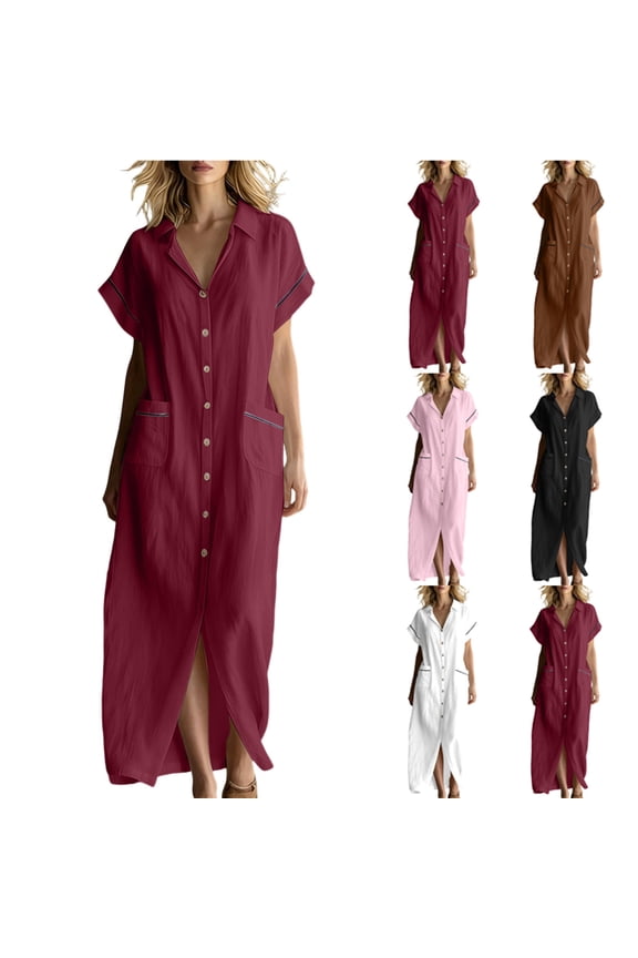 Button down Shirt Dress for Women Womens Short Dresses with Pockets Solid Color Short Sleeve V Neck 2026 Summer Work Dress for Work and Office