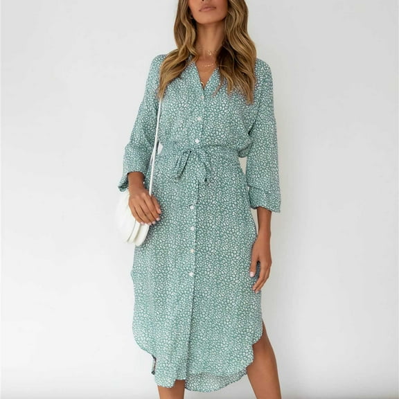 Sentmoon Button Tshirt Dress Women Long Sleeve V Neck Holiday Dresses for Women Slit Knotted Leopard Print Short Dresses,OverSized Trendy A-line Dresses Green M