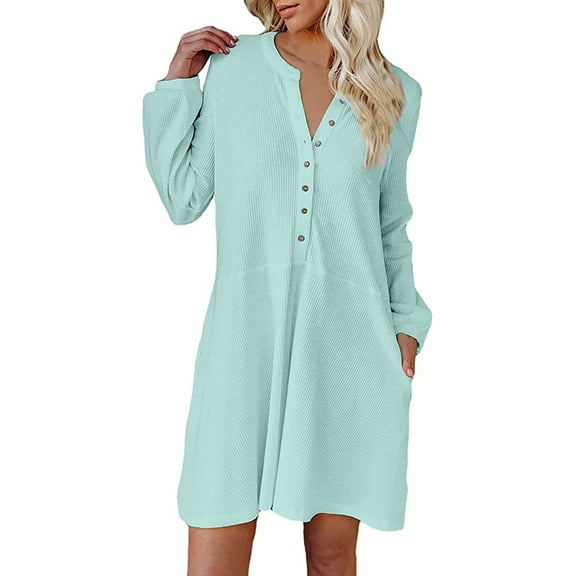 Sentmoon Button Womens Dresses Long Sleeve Crew Neck Fall Dresses for Women 2024 Casual Fashion Solid Color Short Dresses,Plus Size Stylish Women Clothing Blue M