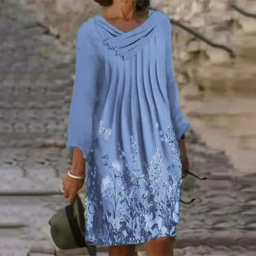 Sentmoon Button Womens Dresses Long Sleeve Holiday Dresses for Women Casual Pleated Floral Print Short Dresses,Fit & Flare Fashion A-line Dresses Sky Blue XXL