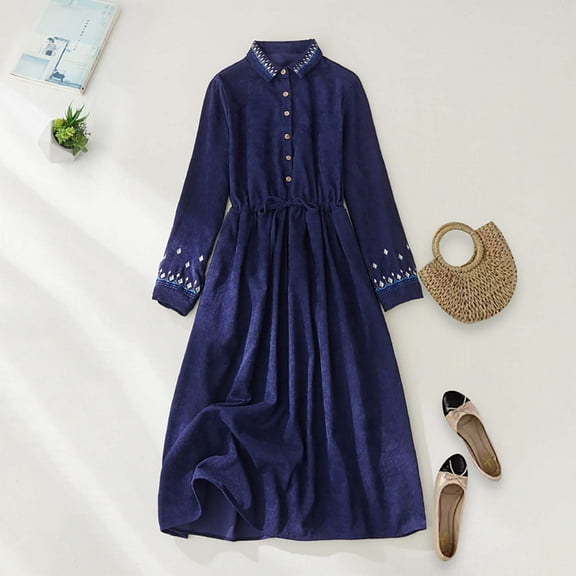 Sentmoon Button Womens Dresses Long Sleeve Lapel Dresses for Women Knotted Fitted Waist Corduroy Midi Dresses,Fit & Flare Workout Womens Fashion Navy M
